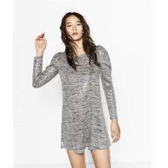 ZARA WOMEN'S HEATHER GRAY THIN KNIT LONG PUFF SLEEVE SEQUIN MINI DRESS Sz Large - Picture 2 of 11